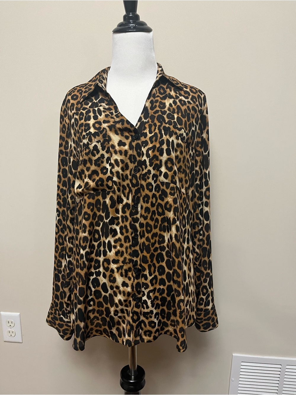 Express Leopard Print Satin Button-Down Blouse - Brown & Black